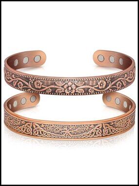 Magnetic Copper Bangle Bracelet Set of 2 with 3500 Gauss Magnets, Adjustable